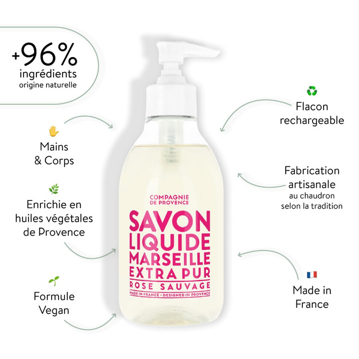 Compagnie de Provence Savon de Marseille Extra Pure Liquid Soap Wild Rose 10 Fl Oz Plastic Pump Bottle