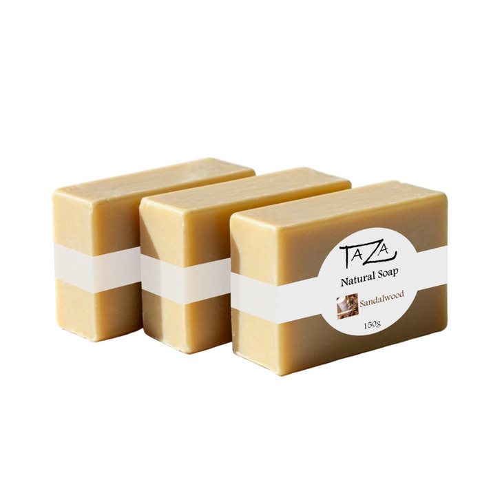 Taza Premium Sandalwood Natural Soap Pack of 3 Each 53 oz 150 g For Radiant Glowing Skin Contains Coconut Olive and Palm
