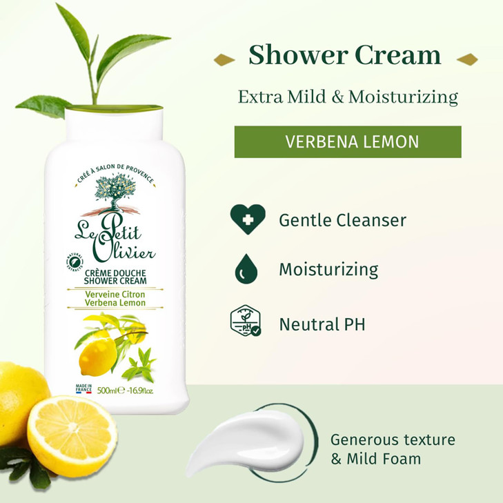 Le Petit Olivier Shower Cream Verbena Lemon Gently Cleanses Skin Fresh and Moisturizing pH Neutral Dermatologically Test