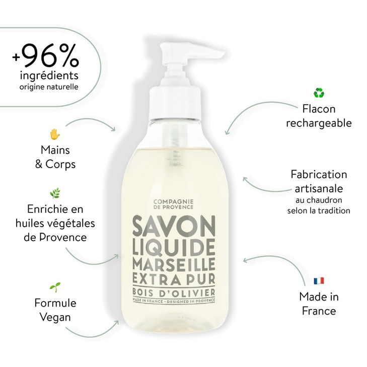 Compagnie de Provence Savon de Marseille Extra Pure Liquid Soap Olive Wood 10 Fl Oz Plastic Pump Bottle