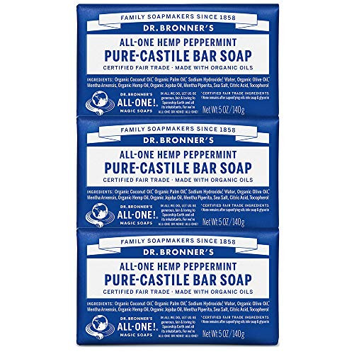 Dr Bronners PureCastile Bar Soap Peppermint 5 ounce 3Pack Made with Organic Oils For Face Body and Hair Gentle and Moist