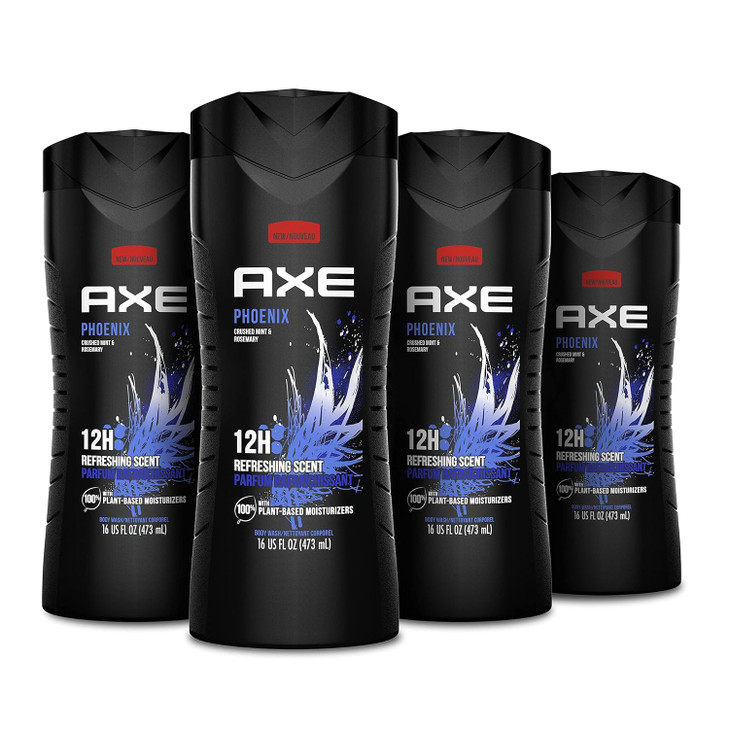 AXE Body Wash Phoenix 4 Count 12h Refreshing Scent Crushed Mint Rosemary Mens Body Wash with 100 PlantBased Moisturizers