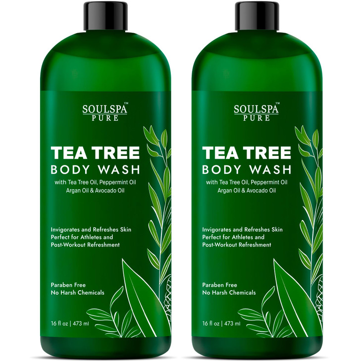 SOULSPA PURE Tea Tree Body Wash Men Women Shower Gel Soap with Peppermint Helps with Body Odor Soothes Itching Deep Clea