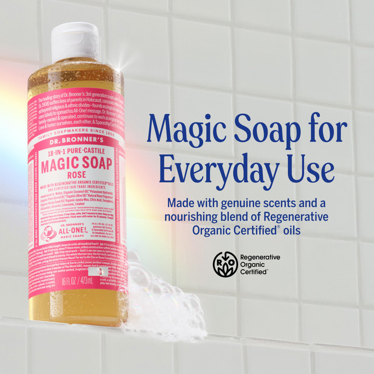Dr Bronners PureCastile Magic Liquid Soap Rose 16 Ounce 2Pack Made with Regenerative Organic Certified Oils 18in1 Uses F
