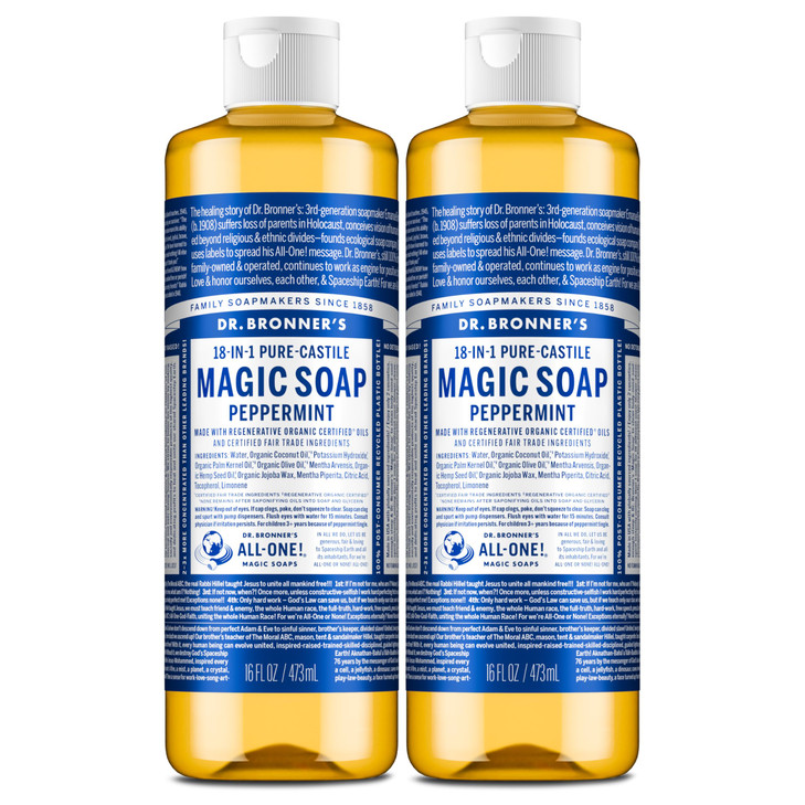 Dr Bronners Magic SoapPureCastile Liquid Soap Peppermint 16 ounce 2PackRegenerative Organic Certified Oils 18in1 Uses Bo