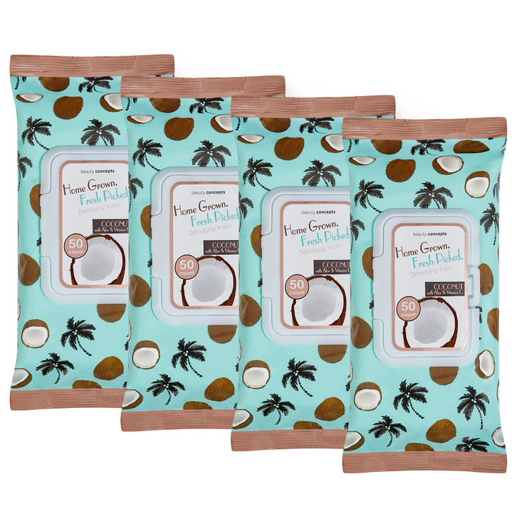 BC Beauty Concepts Makeup Remover Wipes Gentle Facial Wipes for Easy Makeup Removal 200 Count Pack of 4 Coconut with Alo