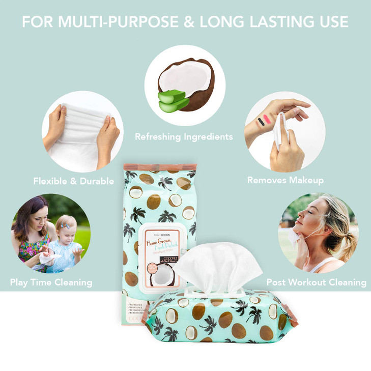 BC Beauty Concepts Makeup Remover Wipes Gentle Facial Wipes for Easy Makeup Removal 200 Count Pack of 4 Coconut with Alo