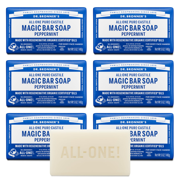 Dr Bronners PureCastile Magic Soap Bars Peppermint 5 oz 6Pack Made with Regenerative Organic Certified Oils For Face Bod
