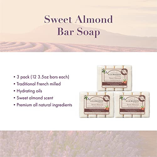 A LA MAISON Sweet Almond Bar Soap Triple French Milled Natural Moisturizing Hand Soap Bar 12 Bars of Soap 35 oz