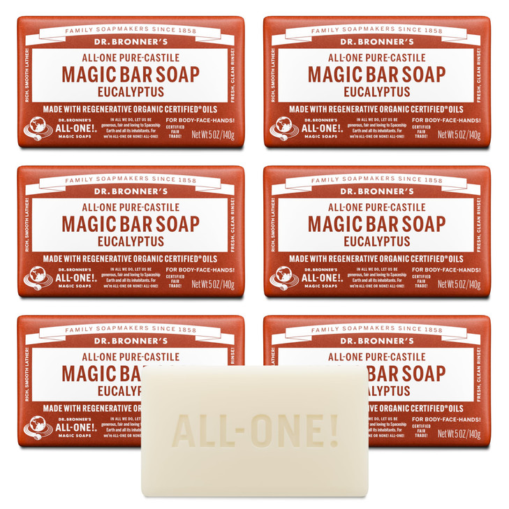 Dr Bronners PureCastile Magic Soap Bars Eucalyptus 5 oz 6Pack Made with Regenerative Organic Certified Oils for Face Bod