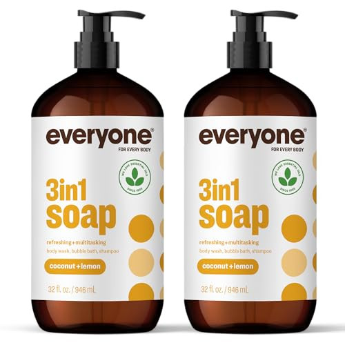 Everyone 3in1 Soap Body Wash Bubble Bath Shampoo 32 Ounce Pack of 2 Coconut and Lemon made with Essential Oils for Men a