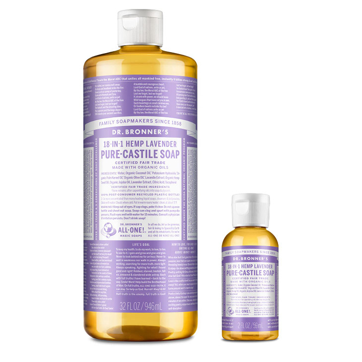 Dr Bronners PureCastile Liquid Soap Lavender Bundle 32 oz Bottle and 2 oz Travel Bottle