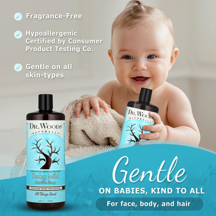 Dr Woods Unscented Baby Mild Liquid Castile Soap Gentle Cleanser Made with Organic Shea Butter Natural Soap for Sensitiv