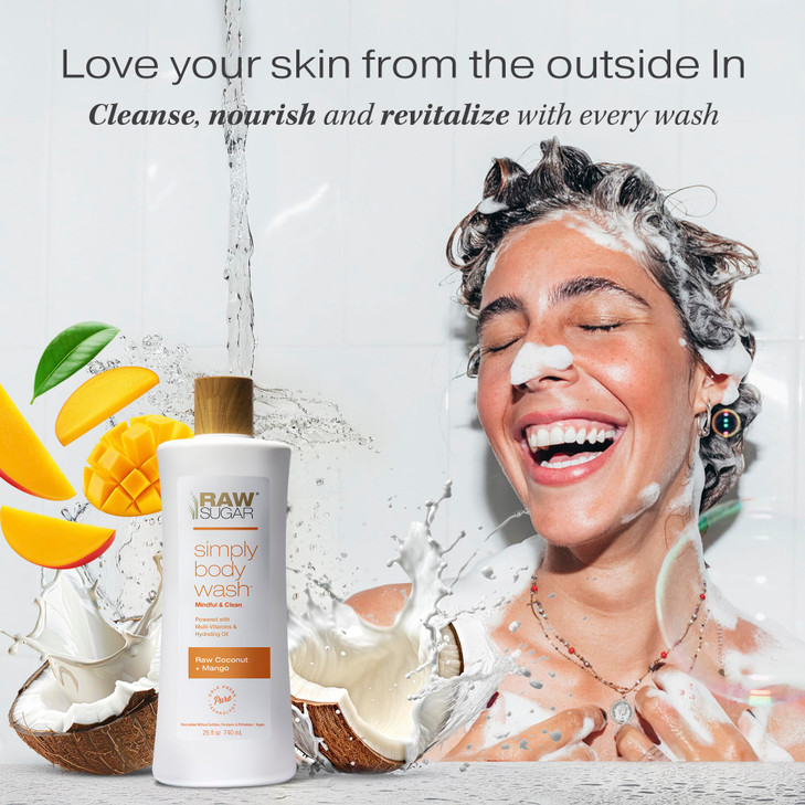 RAW SUGAR Coconut Mango Glow Gentle Hydrating Body Wash 20 Fl Oz Pack of 3 Moisturizing Brightening Bath Shower Gel Vega