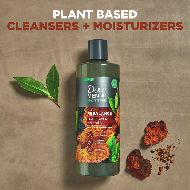 Dove MenCare Rebalance Body Wash Tea Leaves and Chaga 4 Count With Vitamin and Mineral Complex Moisturizing Body Wash wi