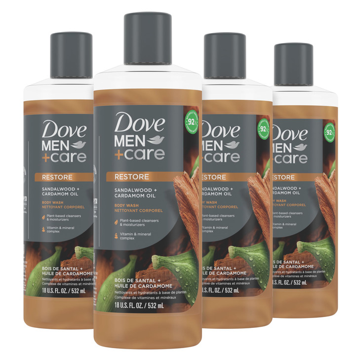 Dove MenCare Body Wash Sandalwood Cardamom Oil 4 Count to Rebuild Skin in the Shower with PlantBased Cleansers and Moist