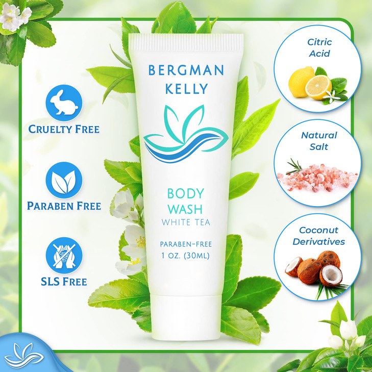 BERGMAN KELLY Travel Size Body Wash 1 fl oz 100 PK White Tea Delight Your Guests with a Revitalizing and Refreshing Hote