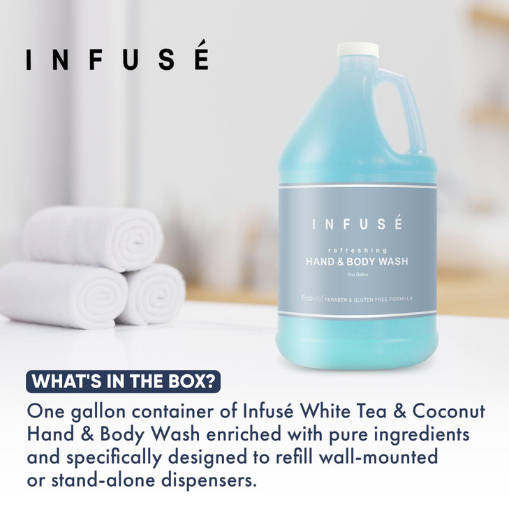 1Shoppe AllinKit HandBody Wash Infuse White Tea Coconut Hotel 1 Gallon For Hospitality Vacation Rentals to Refill Dispen