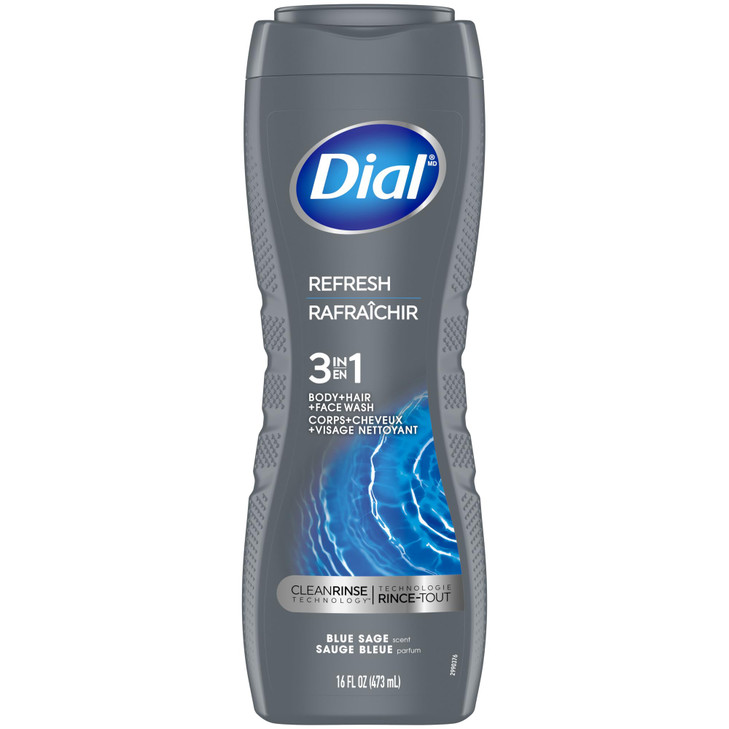 Dial Men 3 in 1 Body Hair and Face Wash Refresh 16 Fl Oz Pack of 6 Blue Sage Scent Cleanses Deep Gentle on Skin with Cle