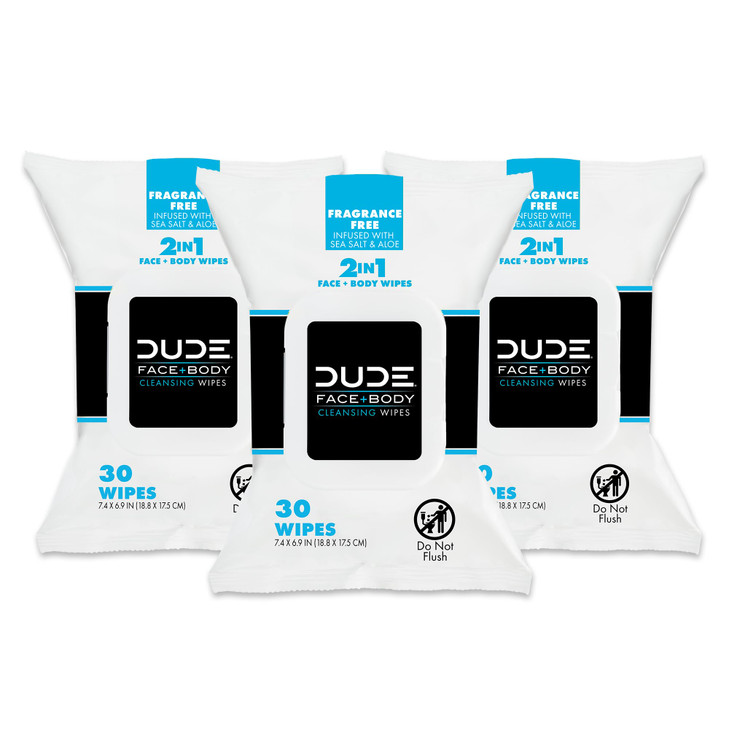 DUDE Wipes Face and Body Wipes 3 Pack 90 Count Unscented with Sea Salt Aloe 2in1 Body Face Alcohol Free and Hypoallergen