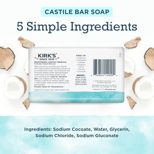 Kirks Castile Bar Soap for Men Women Children Made with Premium Coconut Oil Sensitive Skin Formula Vegan Non GMO Fragran