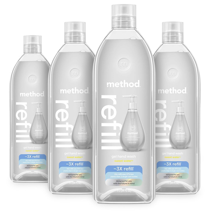 Method Gel Hand Soap Refill Sweet Water Recyclable Bottle 34 oz Pack of 4 Packaging May Vary