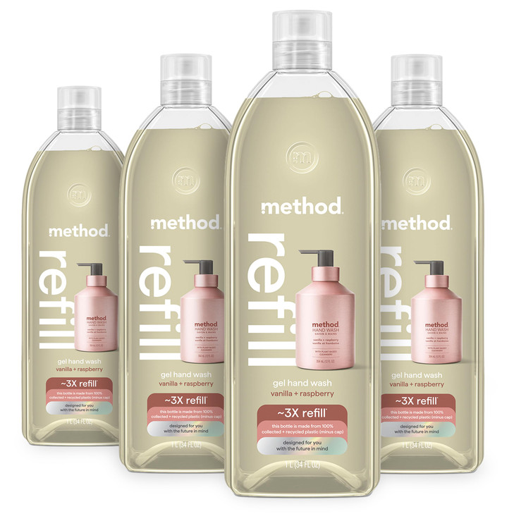 Method Premium Gel Hand Soap Refill Vanilla Raspberry Recyclable Bottle 34 fl oz Pack of 4 Packaging May Vary