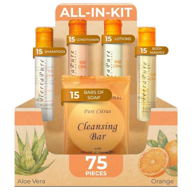 Terra Pure Wild Citrus Toiletries Set 1Shoppe Amenities Kit 1oz Shampoo Conditioner Body Wash Lotion 1oz Bar Soap 75 Pie