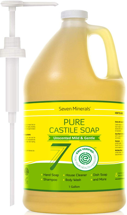 Seven Minerals EWG Verified Castile Soap 1 Gallon No Palm Oil Unscented Mild Gentle Skin Cleaning For Sensitive Skin Bab