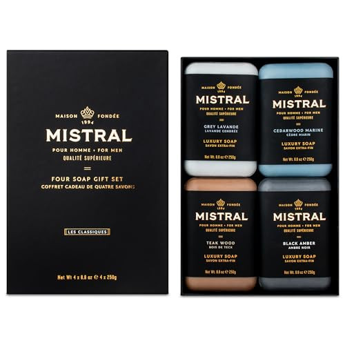 Mistral Mens Luxury Bar Soap for Men Gift Set 4 x 88 oz Grey Lavande Cedarwood Marine Teak Wood Black Amber Moisturizing