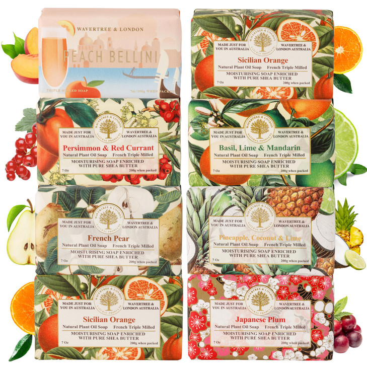 Wavertree London Assorted Fruity Scents Natural Soap Bars Pack of 8 7oz Moisturizing Triple Milled Soap Bars Enriched wi
