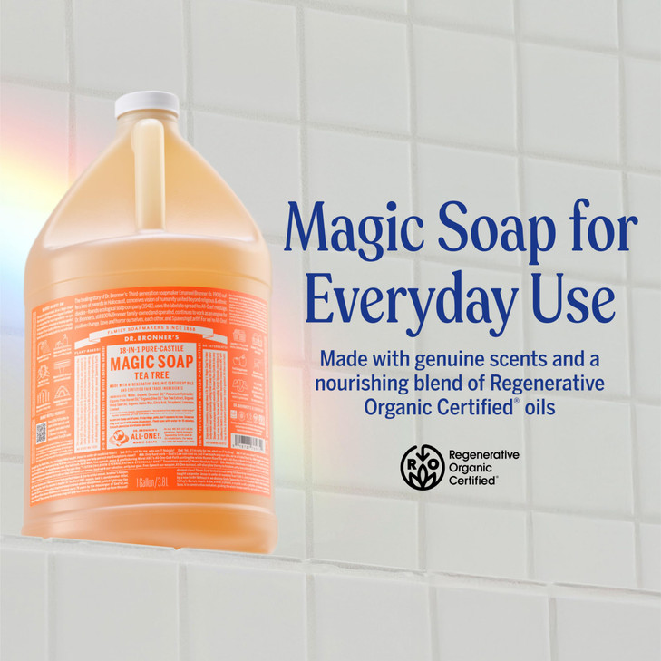 Dr Bronners PureCastile Magic Soap Liquid Tea Tree 1 Gallon Made with Regenerative Organic Oils 18in1 Uses for Face Hair