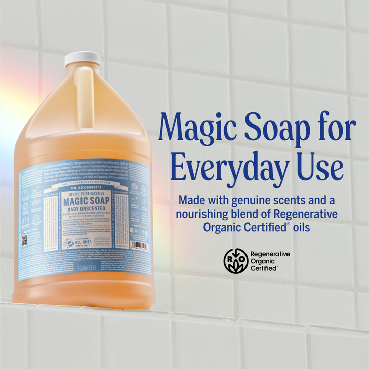 Dr Bronners PureCastile Magic Soap Liquid Baby Unscented 1 Gallon Made with Regenerative Organic Certified Oils For Sens