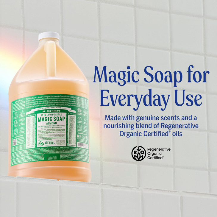 Dr Bronners PureCastile Magic Soap Liquid Almond 1 Gallon Made with Regenerative Organic Certified Oils 18in1 Uses Face