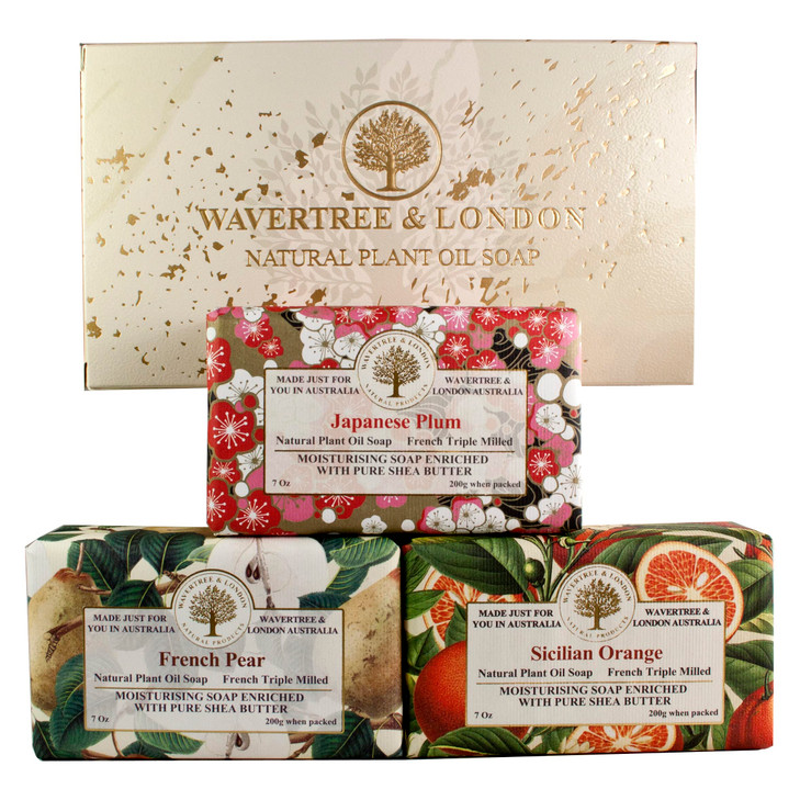 Wavertree London Trio Gift Box 3 Bars 7oz Japanes Plum French Pear and Sicilian Orange Scented Moisturizing French Tripl