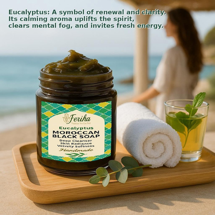 FERIHA Moroccan Black Soap Hammam with Eucalyptus Exfoliating Beldi Spa Paste Natural Olive Cleanser Body Scrub Deep Ski
