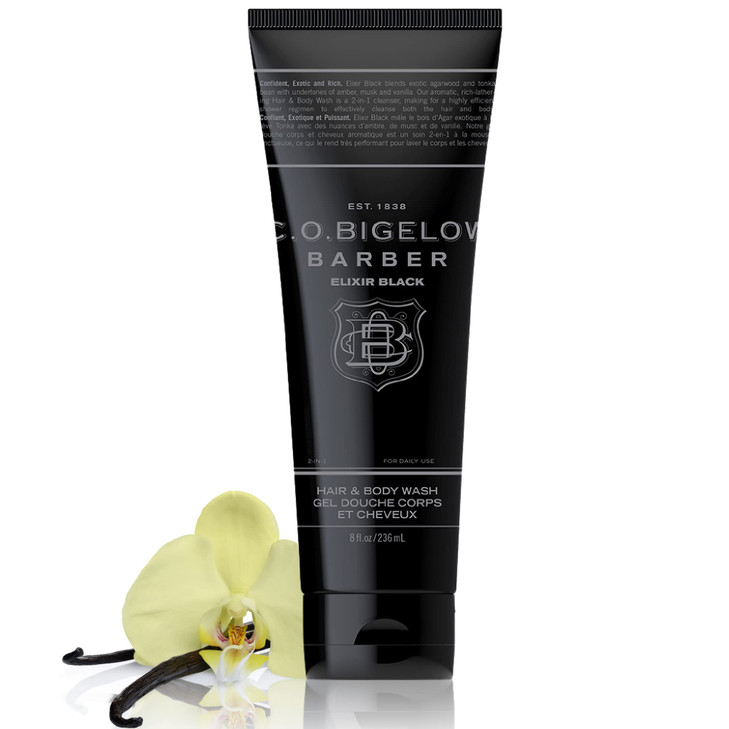 CO Bigelow Elixir Black Hair Body Wash for Men Musk Vanilla Scented Mens 2 in 1 Shampoo Body Wash 8 Fl Oz