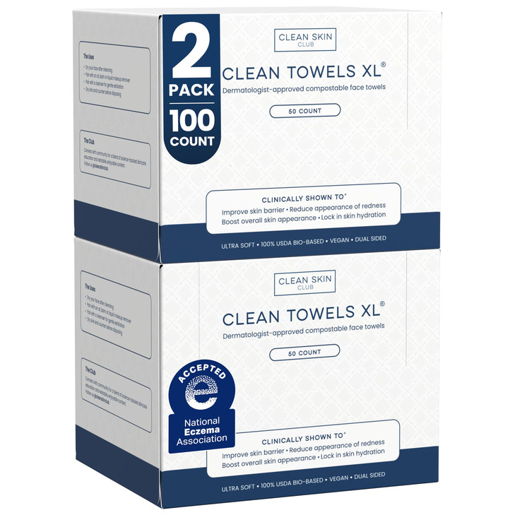 Clean Skin Club Clean Towels XL 100 USDA Biobased Face Towel Disposable Face Towelette Eczema Association Accepted Makeu