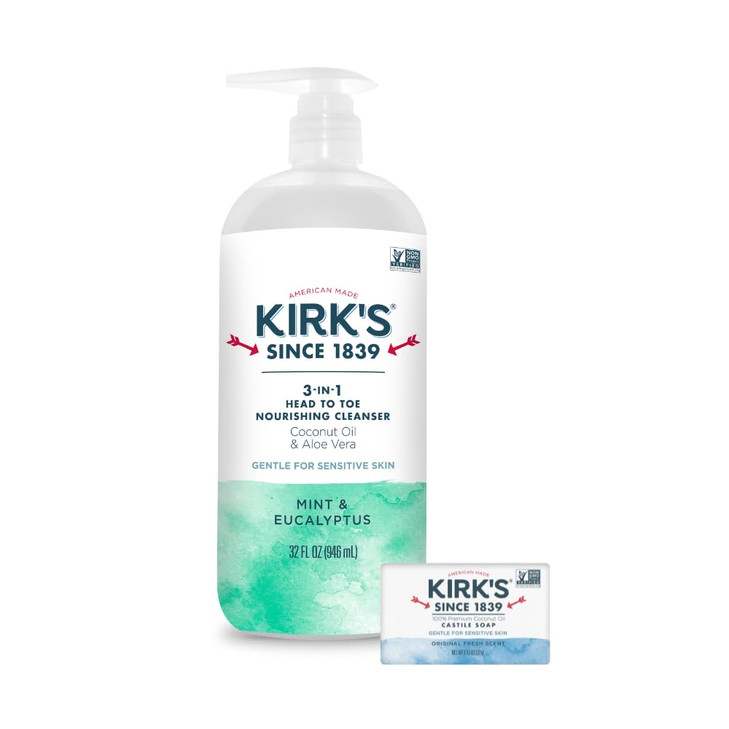 Kirks 3in1 Head to Toe Nourishing Liquid Cleanser Travel Size Bar Soap for Men Women Children Premium Coconut Oil Aloe V