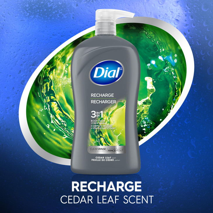 Dial Men 3 in 1 Body Hair and Face Wash Recharge 32 Fl Oz Cedar Leaf Scent Cleanses Deep Gentle on Skin with Clean Rinse