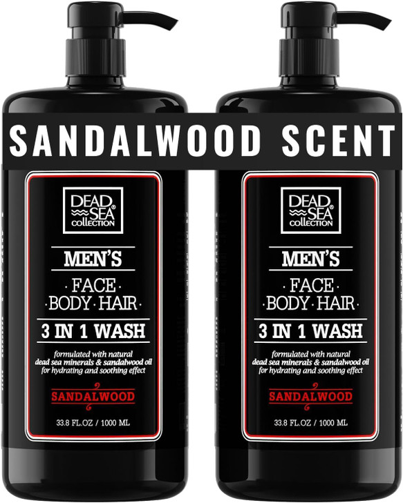 Dead Sea Collection Sandalwood Mens Body Wash 3 in 1 Body Wash for Men for Hair Face Body Moisturizing Shower Gel with D