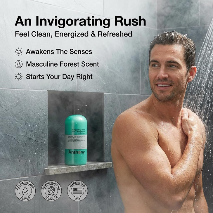 Anthony Mens Body Wash and Shampoo Invigorating Rush 2In1 Liquid Gel Soap Hair Shampoo Pine Wood Scent Hydrating with Eu