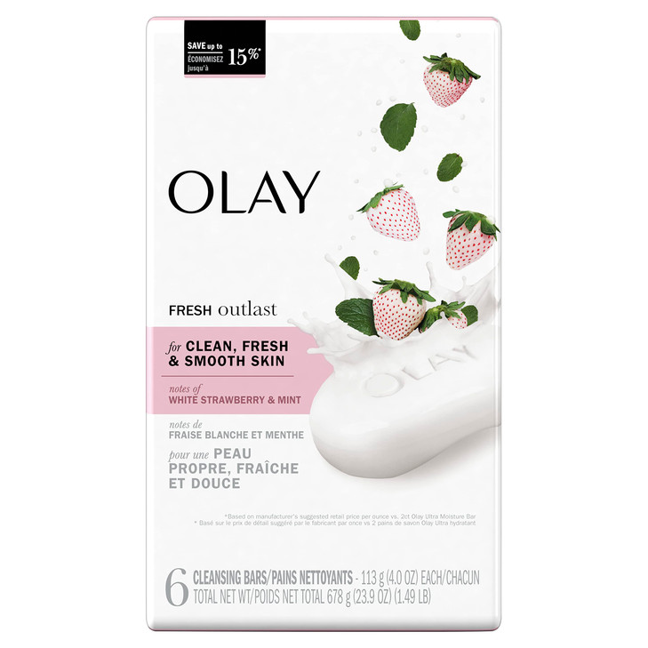 Olay Fresh Outlast Notes Of Cooling White Strawberry Mint Beauty Bar 4 oz 6 count