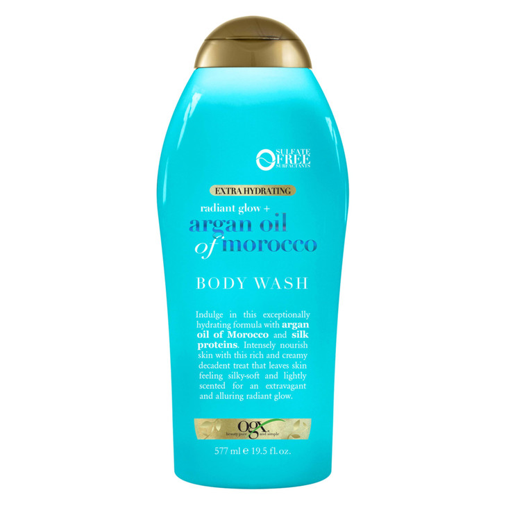 OGX Radiant Glow Argan Oil of Morocco Extra Hydrating Body Wash for Dry Skin Moisturizing Gel Cleanser for Silky Soft Sk