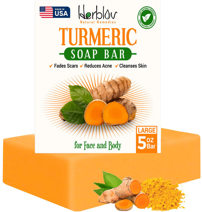 Herblov Natural Turmeric Soap Bar for Face Body Skin Brightening Soap for Dark Spots Intimate Areas Underarms Exfoliatin