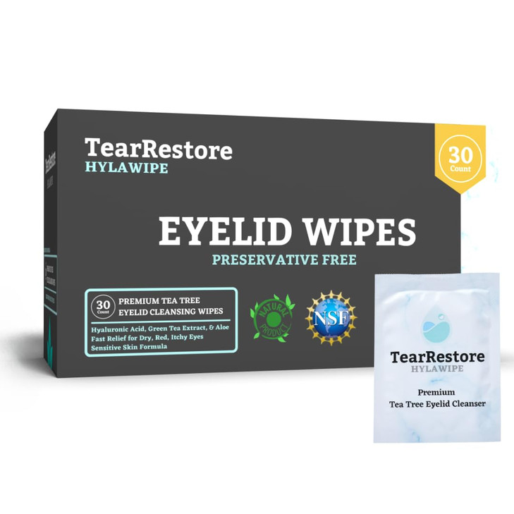 TearRestore Tea Tree HylaWipe Eyelid Wipes 30 Count Hydrating Eye Lid Cleanser Blepharitis Treatment for Eyelids Eye Lid