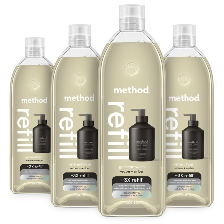 Method Premium Gel Hand Wash Refill Vetiver Amber Recyclable Bottles 34 fl oz Pack of 4 Packaging May Vary