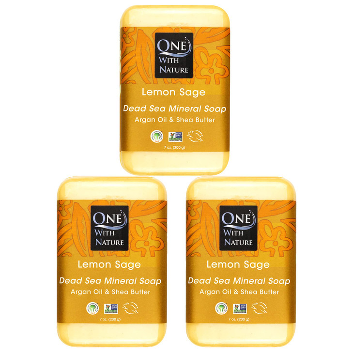 One With Nature Dead Sea Salt Lemon Sage Soap 7oz 3Pack Purifying and Exfoliating Soap Bar with Dead Sea Minerals for Fa