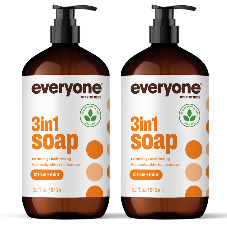 Everyone 3in1 Soap Body Wash Bubble Bath Shampoo 32 Ounce Pack of 2 Citrus and Mint made with Essential Oils for Men and