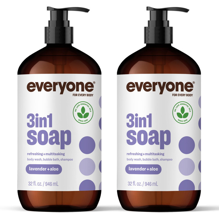 Everyone 3in1 Soap Body Wash Bubble Bath Shampoo 32 Ounce Pack of 2 Lavender and Aloe made with Essential Oils for Men a